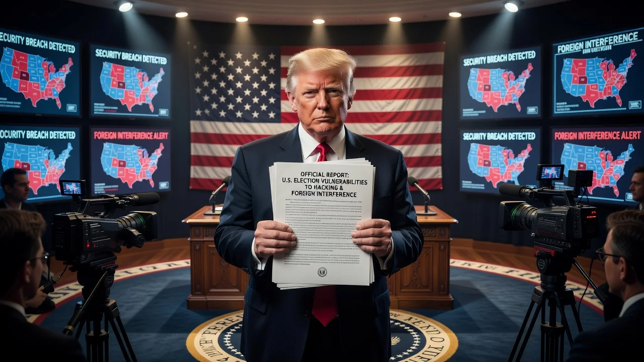 Illustration of Donald Trump claiming vulnerabilities in the U.S. election system during a primetime speech.