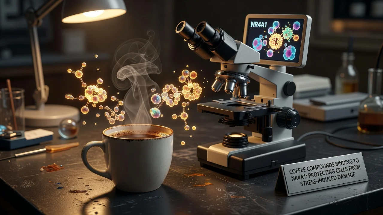 Photorealistic lab scene with coffee mug, microscope, and glowing molecular bonds illustrating NR4A1 receptor protection from stress.