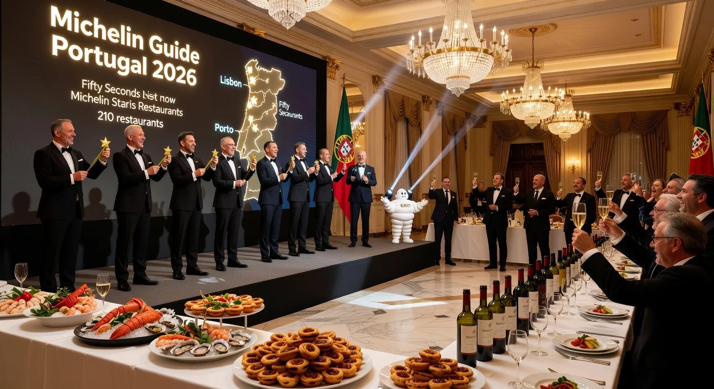 Illustration of Michelin Guide Portugal 2026 awards at Savoy Palace Hotel, chefs receiving stars amid gourmet Portuguese dishes and celebratory atmosphere.