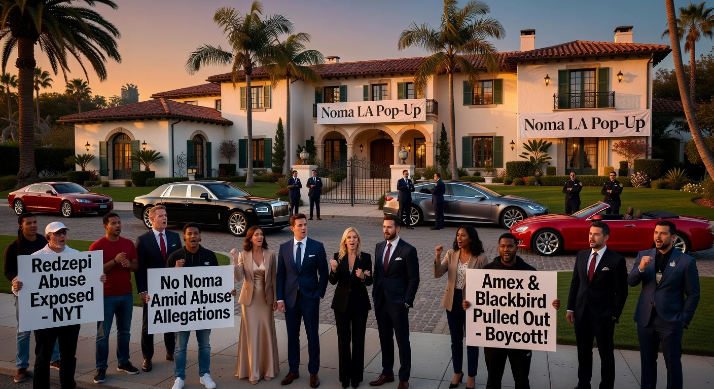 Photorealistic illustration depicting the controversial Noma LA pop-up at Paramour Estate, with glamorous guests arriving amid One Fair Wage protests over abuse allegations and sponsor withdrawals.