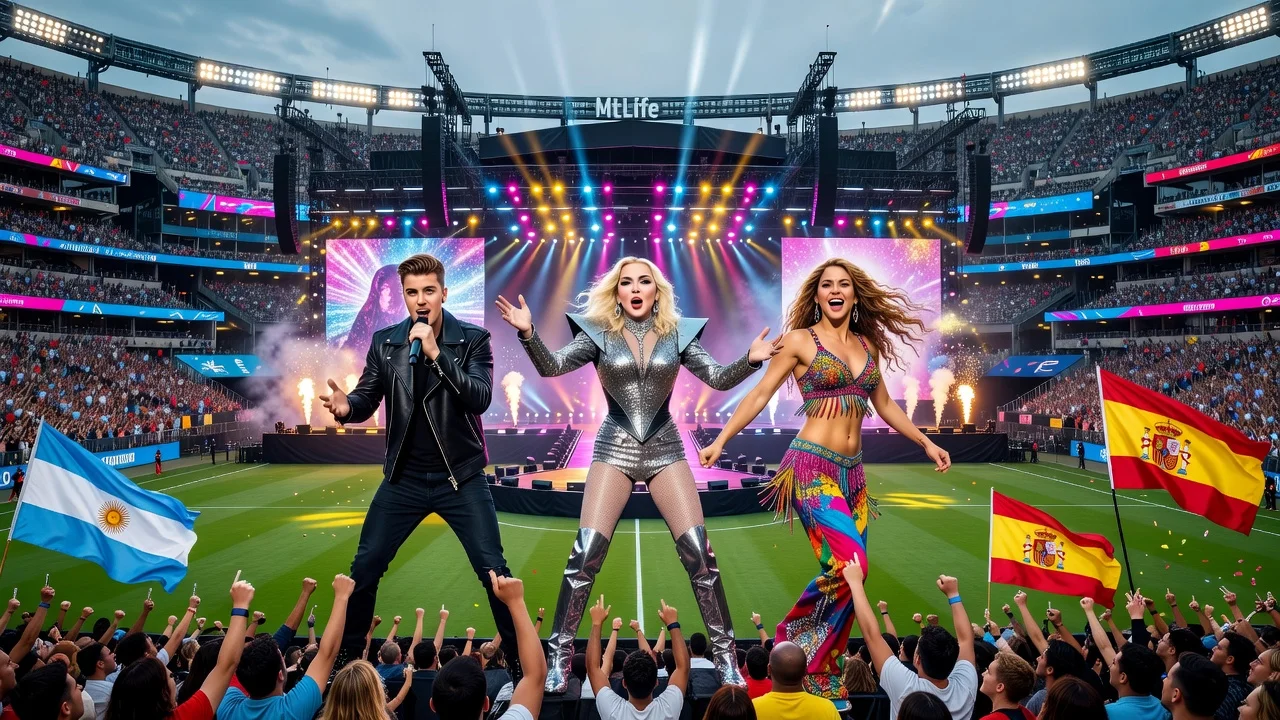 Justin Bieber, Madonna, and Shakira performing at the 2026 World Cup final halftime show.