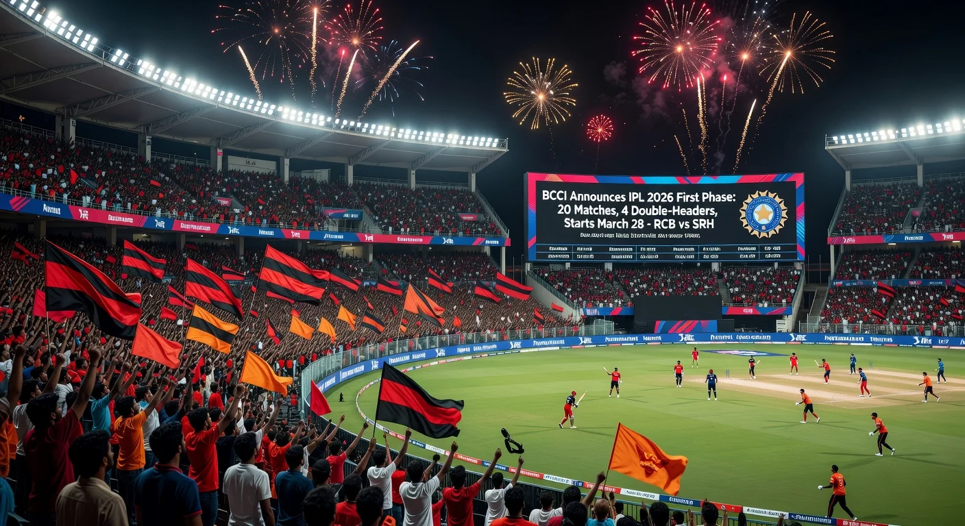 M. Chinnaswamy Stadium packed for IPL 2026 opener: RCB vs SRH on March 28, with first phase schedule announced on scoreboard.