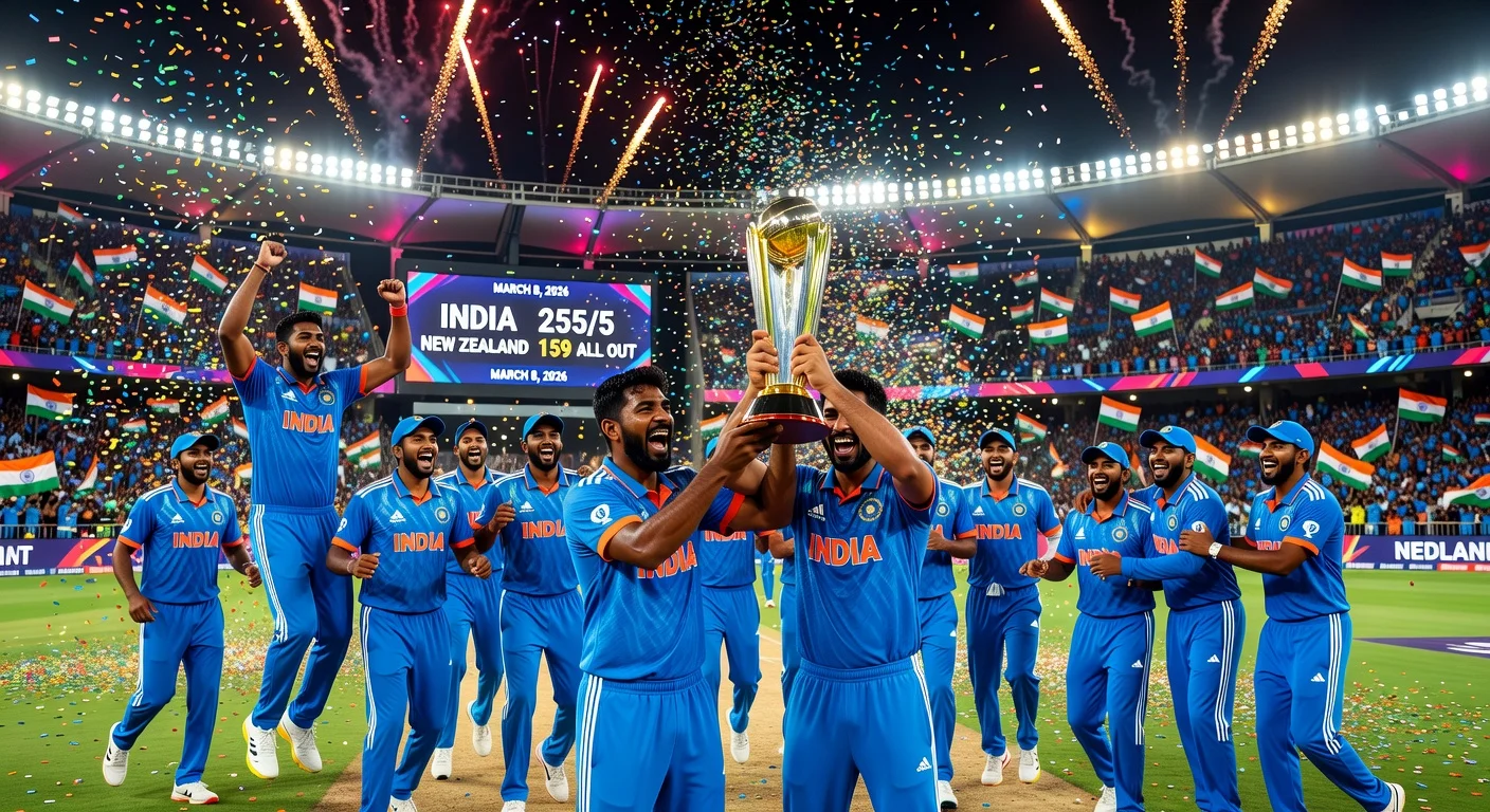 Indian cricket team celebrates record third T20 World Cup victory over New Zealand at Ahmedabad stadium, lifting trophy amid cheering fans.