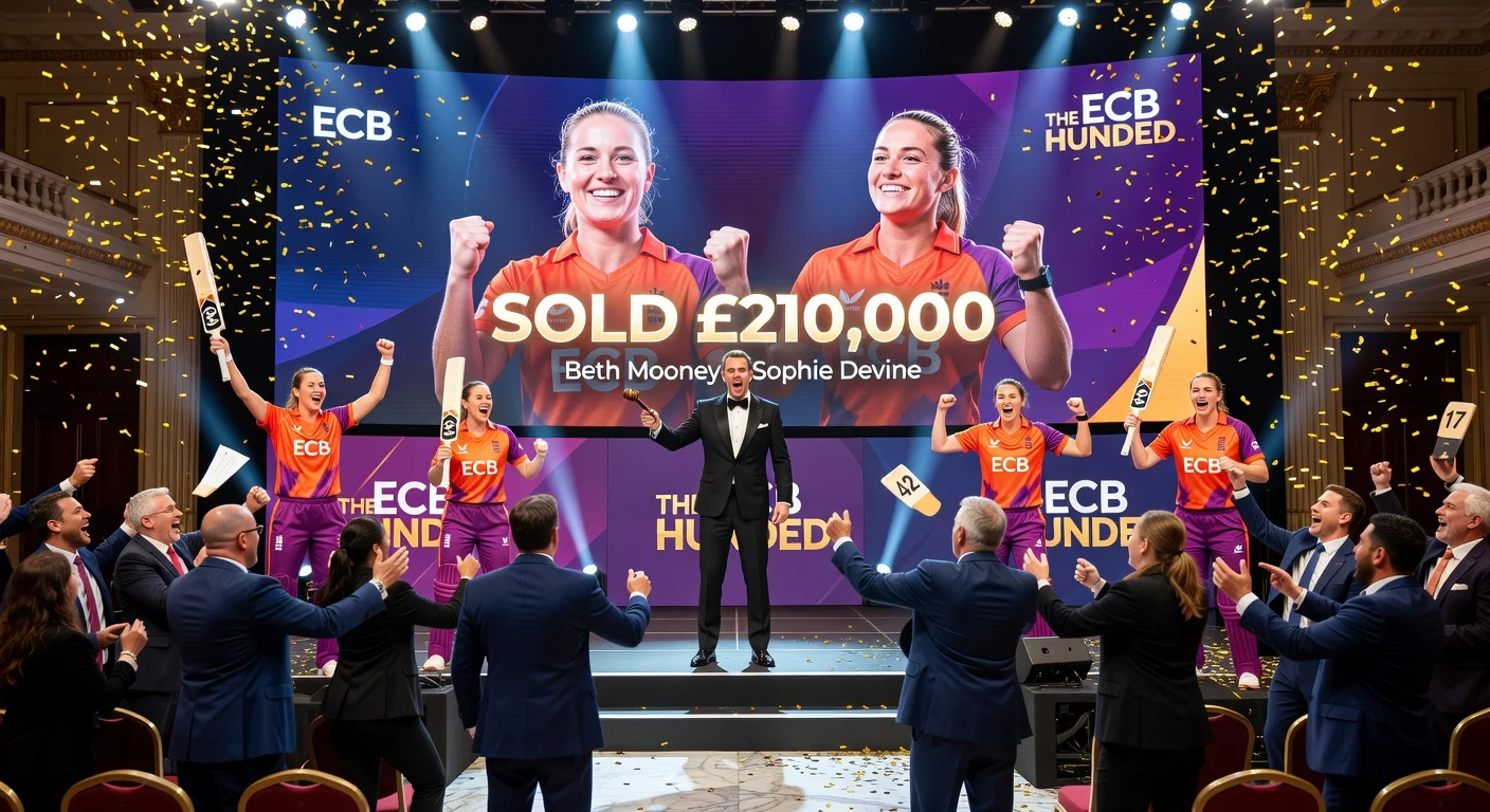 Dynamic photo of Women's Hundred auction excitement, featuring top players like Beth Mooney and Sophie Devine sold for record £210,000 amid cheering bidders.
