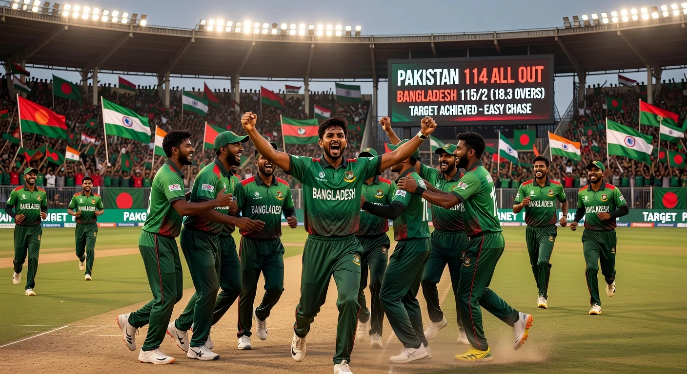 Bangladesh cricketer Nahid Rana celebrates five-wicket haul as team crushes Pakistan for record-low 114 in ODI at Mirpur stadium.