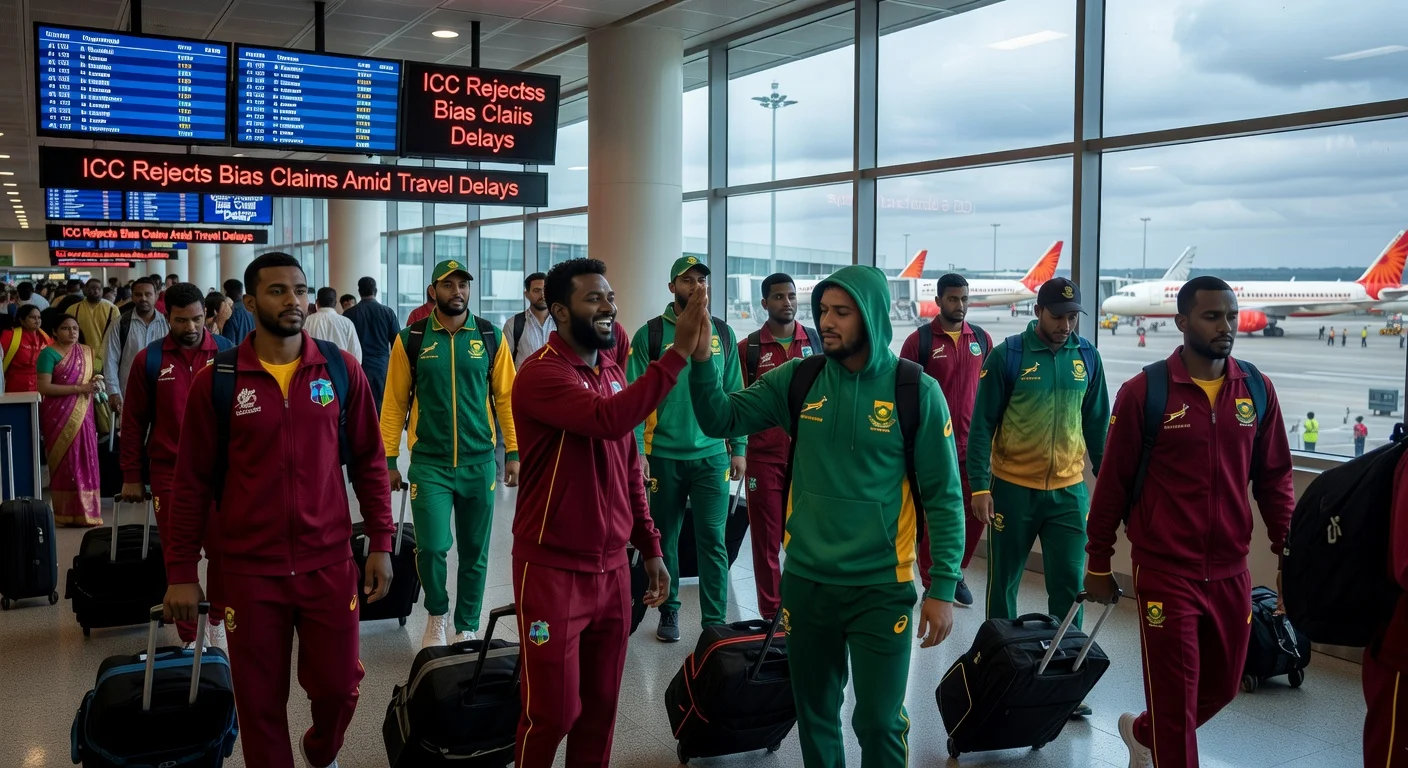 Frustrated West Indies and South Africa cricketers with luggage at Kolkata airport, facing flight delays after T20 World Cup.