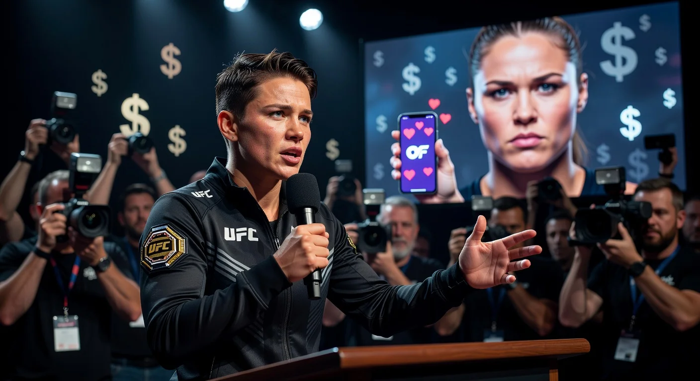 Valentina Shevchenko at UFC press conference podium, responding confidently to Ronda Rousey's OnlyFans criticism amid fighter pay debate.