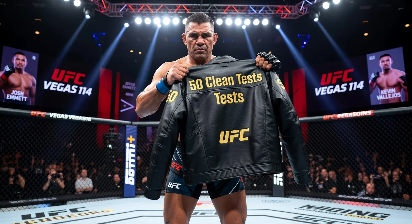 Brad Tavares proudly displays his '50 Clean Tests' jacket ahead of UFC Vegas 114 at the UFC Apex.
