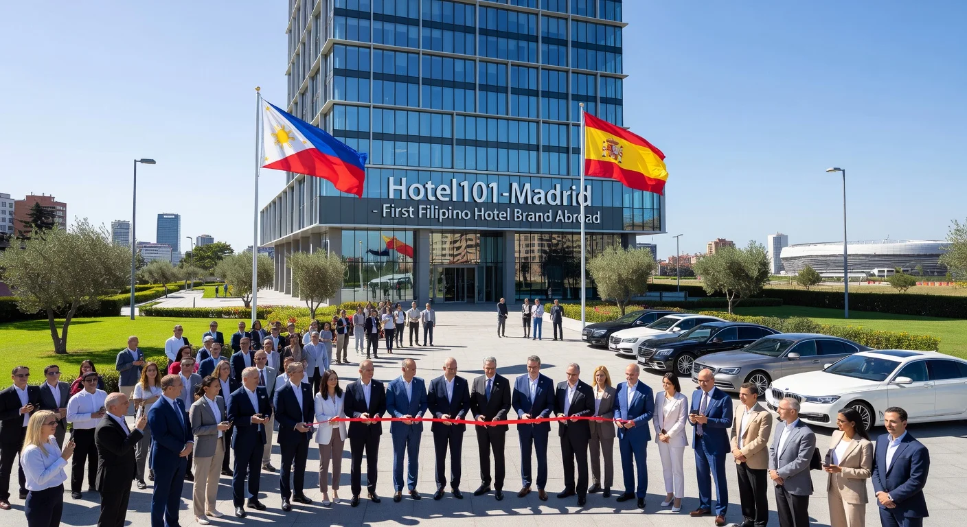 Grand opening of Hotel101-Madrid, the first overseas property of a Filipino hotel brand, featuring modern architecture and celebratory ribbon-cutting in Valdebebas, Madrid.
