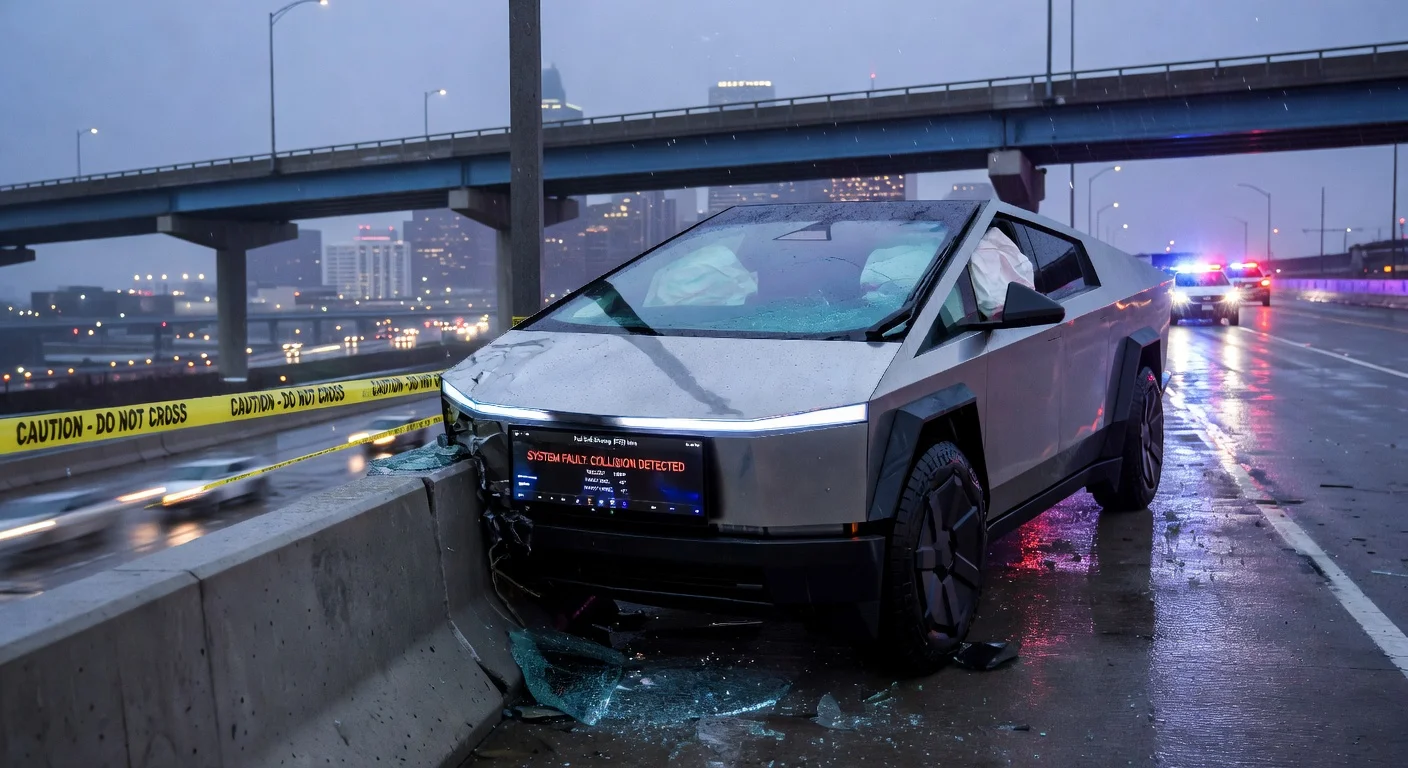 Dramatic illustration of a crashed Tesla Cybertruck on a Houston overpass, central to lawsuit over Full Self-Driving failure.