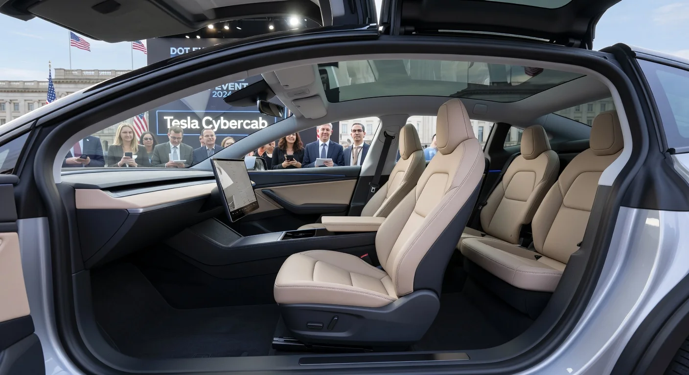 Tesla Cybercab robotaxi interior at DOT event: spacious two-seat autonomous cabin with panoramic roof, central screen, no steering wheel.