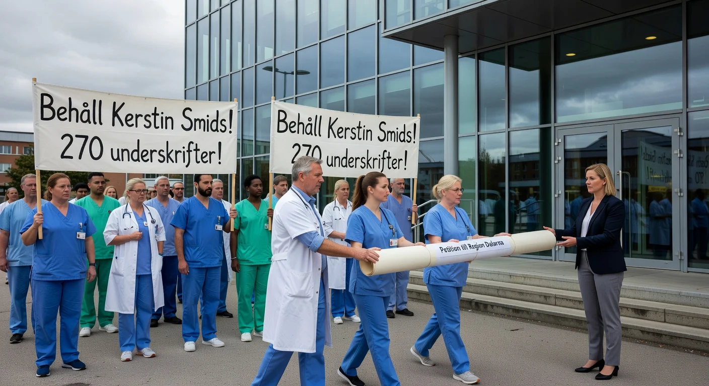 Falun medical clinic staff protest manager Kerstin Smids' dismissal outside Region House, handing petition with 270 signatures to health director Åsa Dedering.