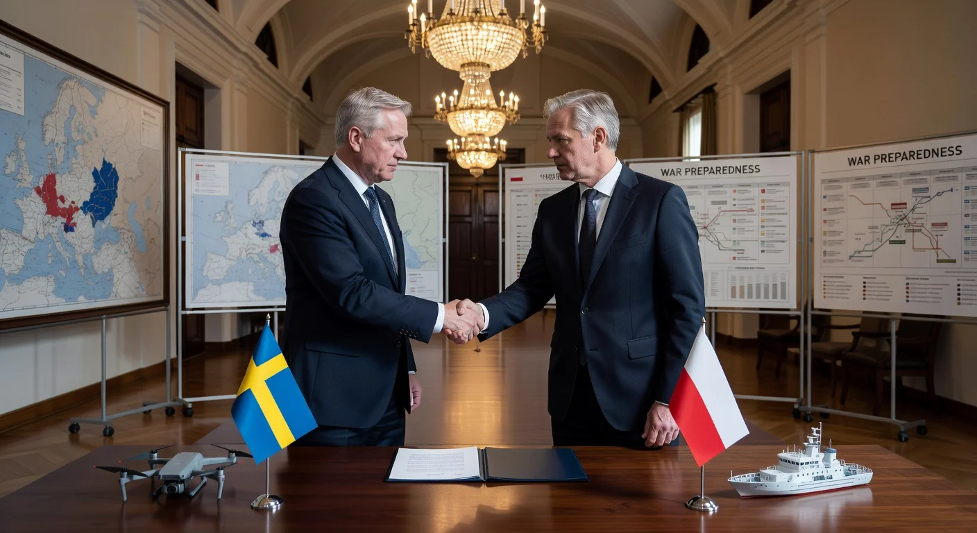 Swedish and Polish officials shake hands after signing civil defense cooperation agreement during state visit.