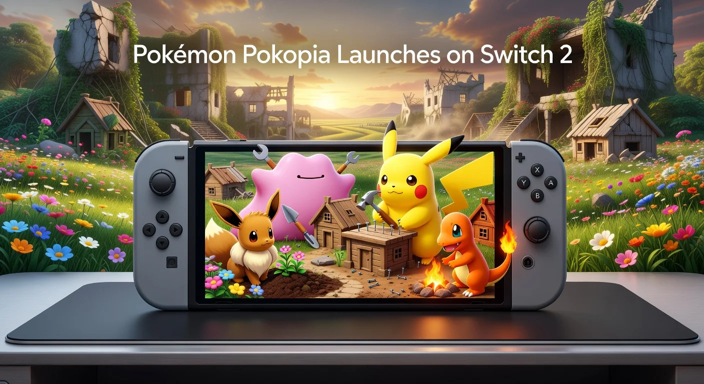 Realistic depiction of Nintendo Switch 2 displaying Pokémon Pokopia, with Ditto and Pokémon rebuilding a vibrant Kanto village for cozy life sim launch news.