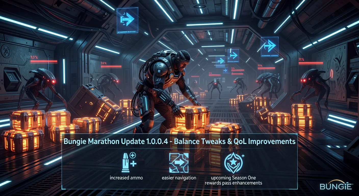 Illustration depicting Bungie's Marathon update 1.0.0.4 with abundant ammo, navigation aids, balanced enemies, and patch notes overlay in a sci-fi game environment.