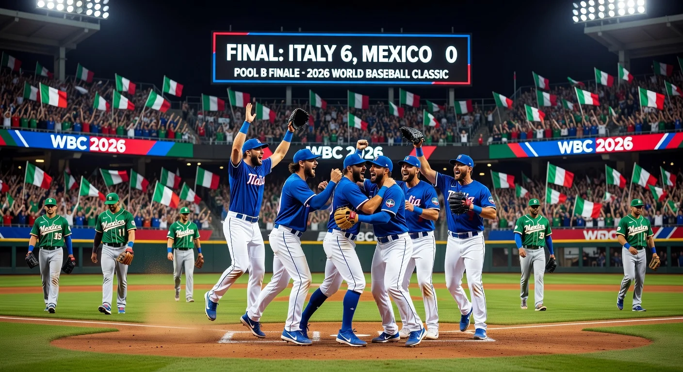 Italian baseball players celebrate victory over Mexico in World Baseball Classic, advancing USA to quarterfinals, with USA flags in cheering stadium crowd.