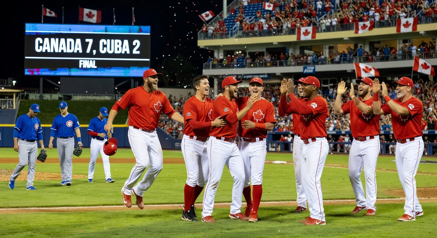 Team Canada players celebrate 7-2 victory over Cuba, securing first-ever World Baseball Classic quarterfinal berth.