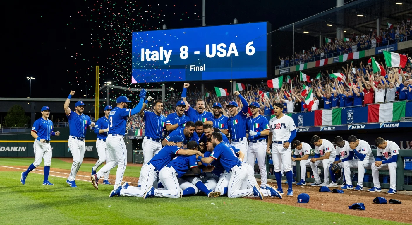 Italy players celebrate shocking 8-6 upset win over USA in World Baseball Classic Pool B at Daikin Park, Houston, as both teams advance.