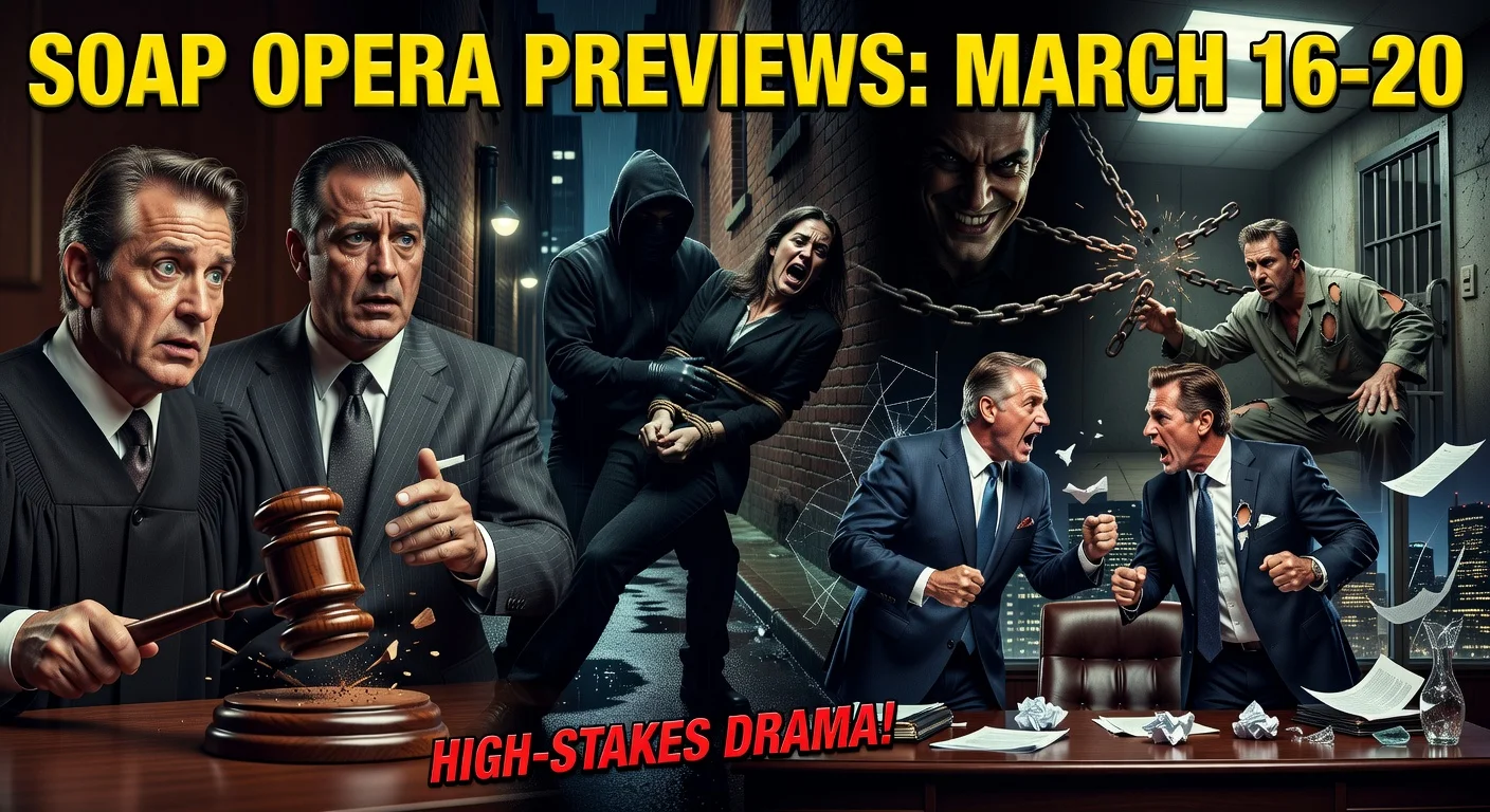 Dramatic collage illustration of soap opera highlights: courtroom tension, kidnapping shadows, business rivalry, and revenge schemes from Days of Our Lives, The Young and the Restless, The Bold and the Beautiful, and General Hospital.