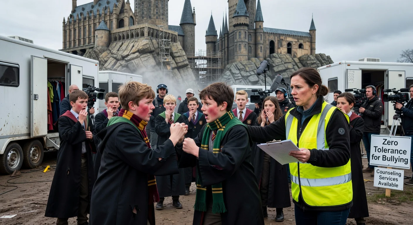 Two young extras argue on the Harry Potter TV set as a supervisor intervenes, with anti-bullying signs visible amid the Hogwarts-themed production.