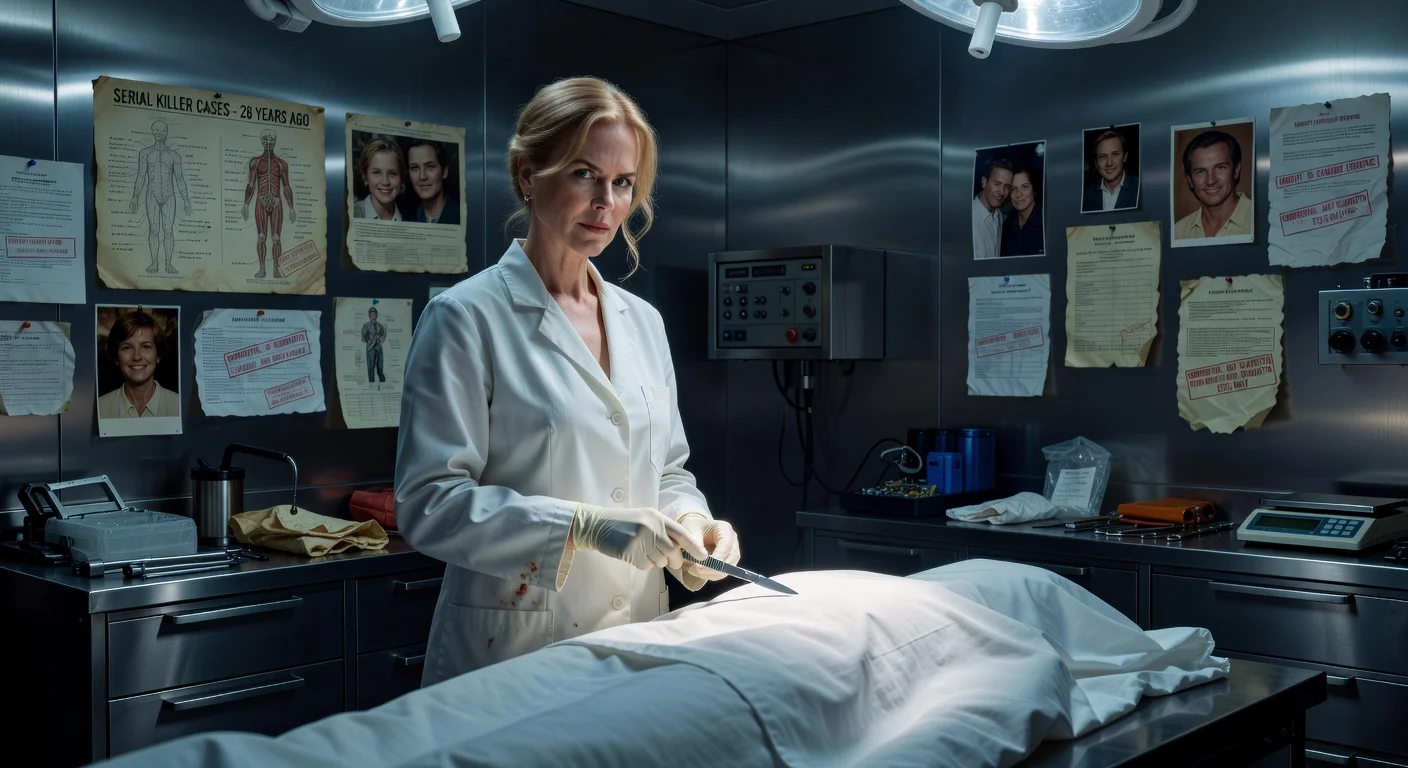 Nicole Kidman portraying Kay Scarpetta in a tense forensic autopsy scene from the Prime Video series 'Scarpetta', highlighting the crime thriller's intense drama.