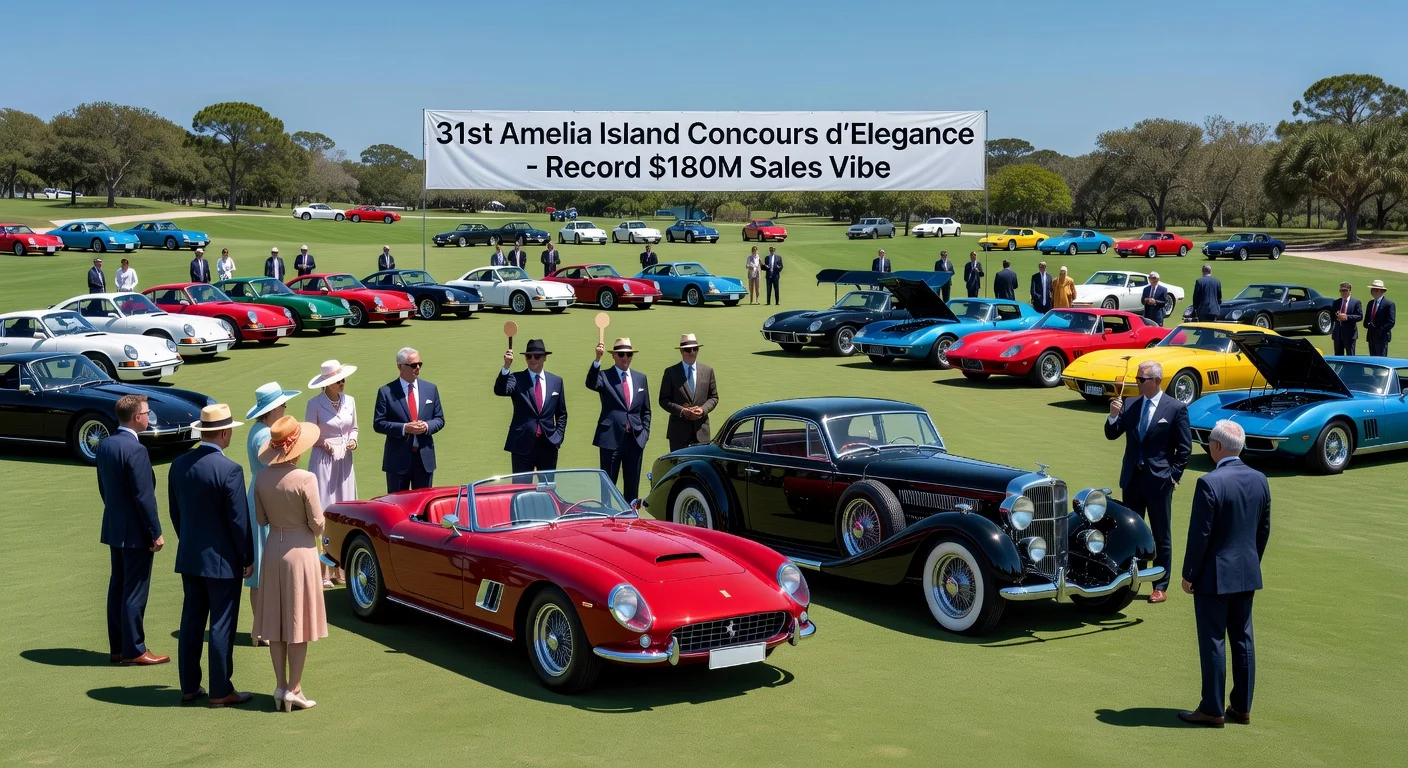 Vibrant scene from the 31st Amelia Island Concours d’Elegance, highlighting the record $16.5M Ferrari sale and Best of Show Duesenberg amid historic cars under clear skies.