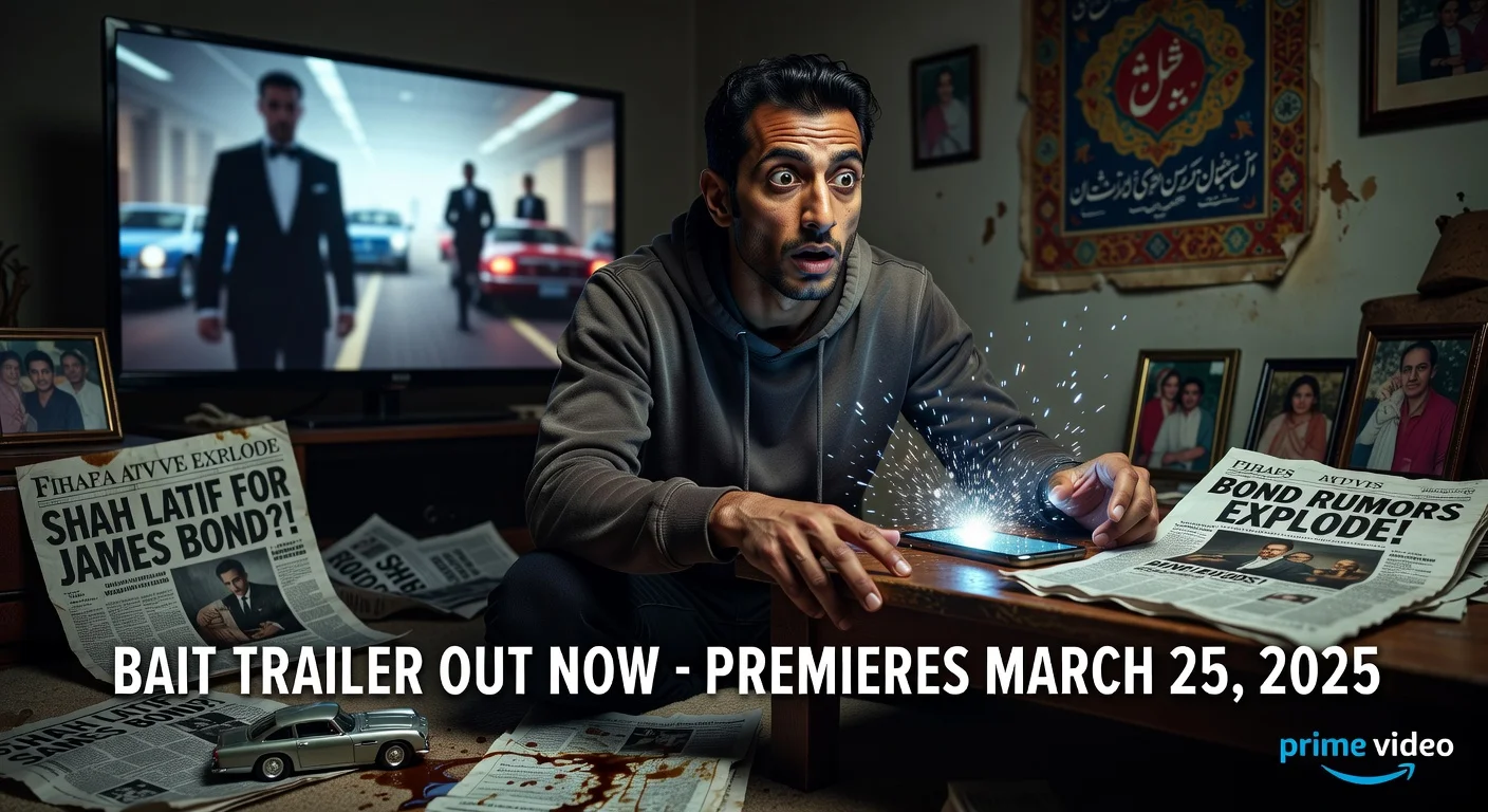 Riz Ahmed as Shah Latif in chaotic scene from 'Bait' trailer, reacting to leaked James Bond audition news, Prime Video premiere illustration.