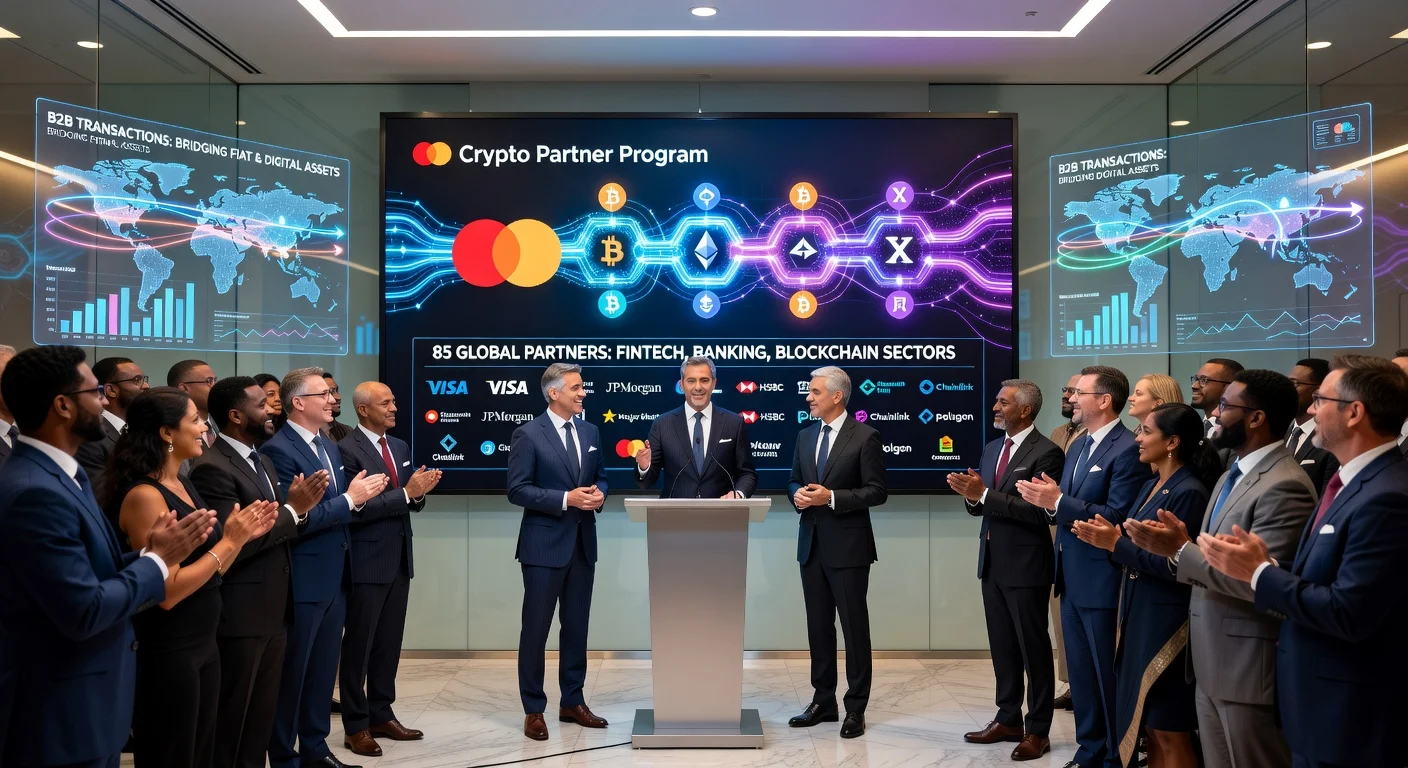 Mastercard executives announcing the global Crypto Partner Program with partners, blockchain, and payment visuals on screen.