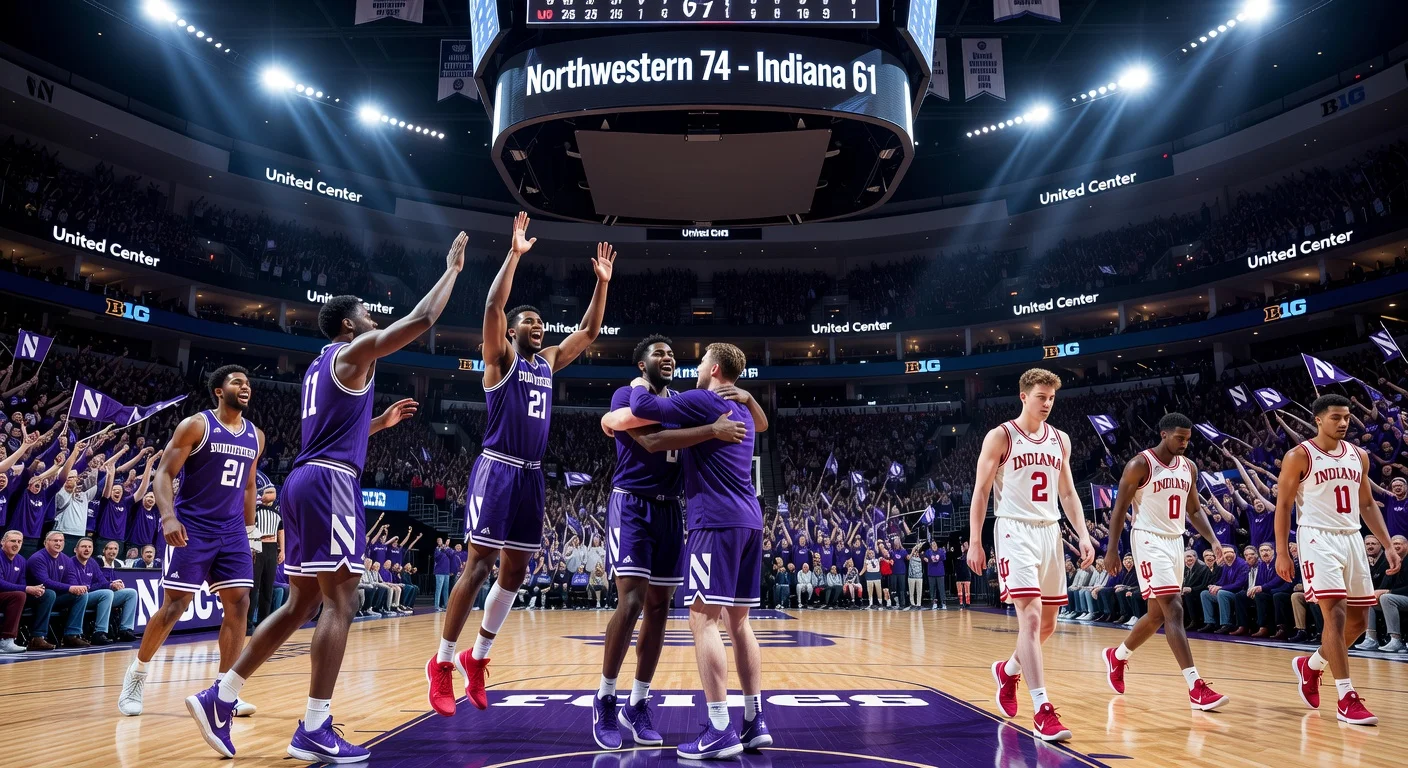 Northwestern Wildcats players celebrate 74-61 Big Ten Tournament win over Indiana Hoosiers at United Center.