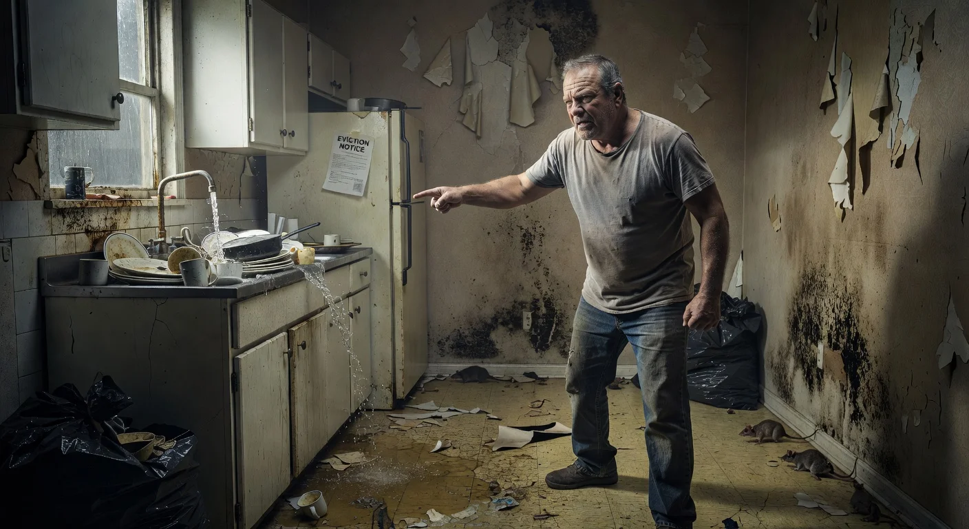 Mickey Rourke in rundown LA apartment with rats and plumbing problems amid eviction dispute.