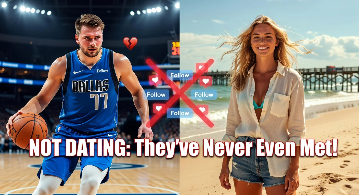 Illustrative split-image news graphic debunking romance rumors between Luka Doncic and Madelyn Cline, showing them separately with a central 'not dating' denial.