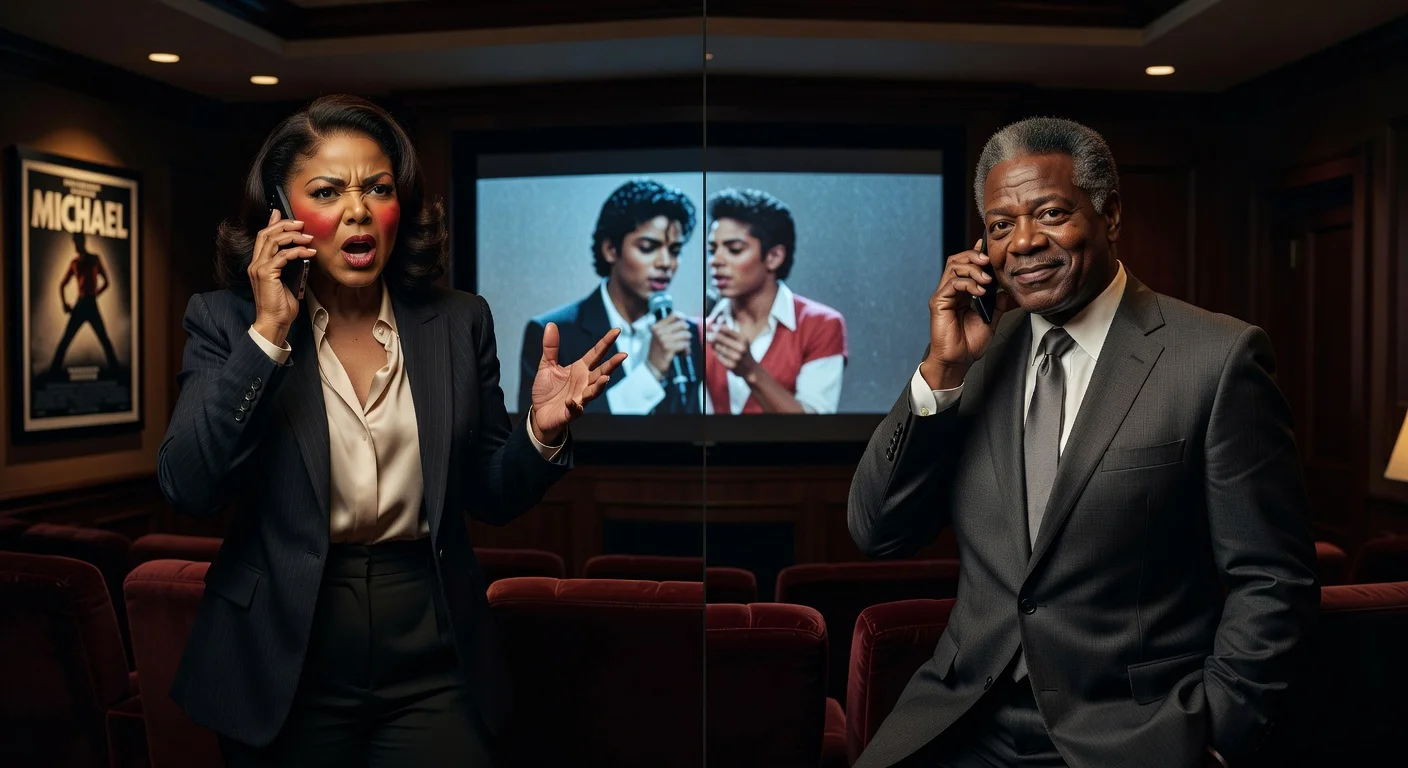 Split-screen illustration of Janet Jackson angrily arguing on the phone with brother Jermaine over the Michael Jackson biopic during a tense family disagreement.