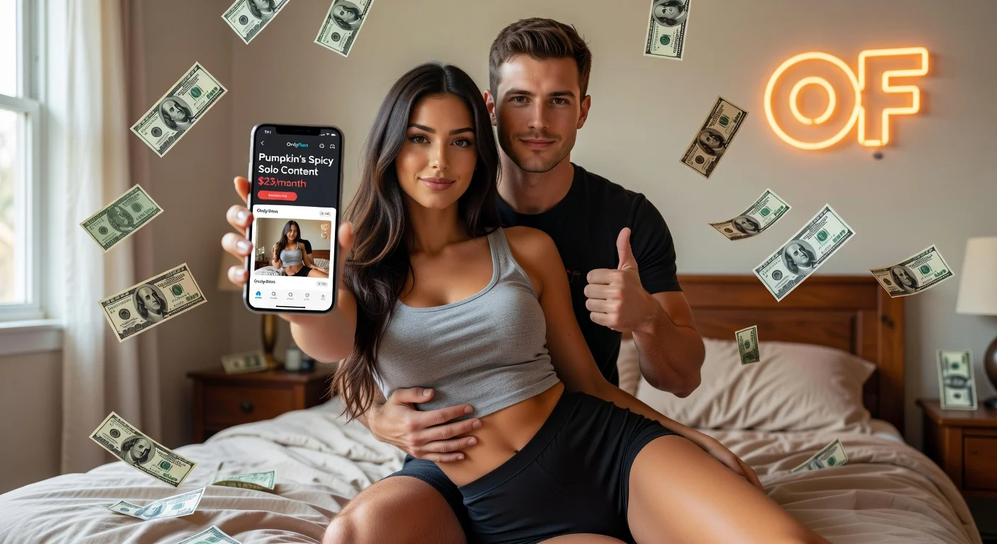 Lauryn 'Pumpkin' Shannon poses confidently with her OnlyFans phone profile, boyfriend supportive, money symbols floating, for news on her account launch.