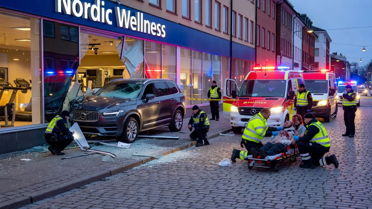 Car crashed into a gym in Sundsvall with emergency services on scene.