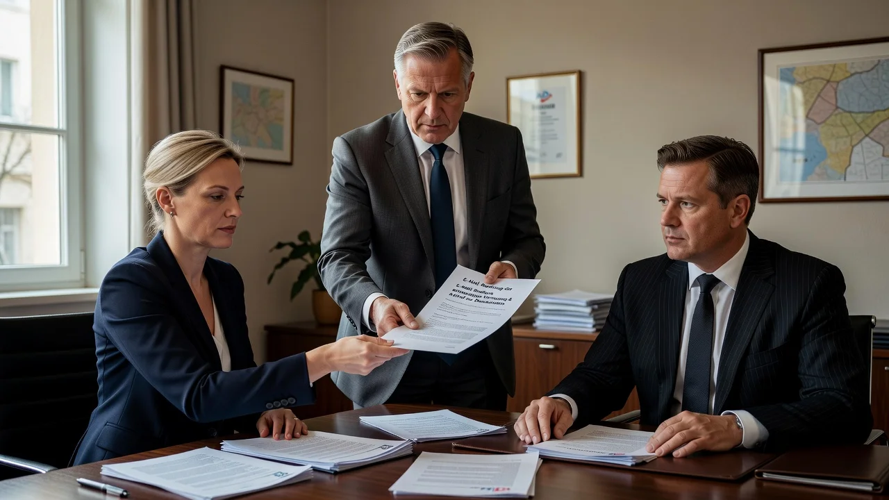 AfD politicians Martin Vincentz, Alice Weidel, and Tino Chrupalla in a meeting discussing de-escalation and withdrawal of injunction.