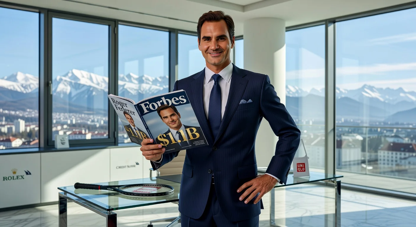 Roger Federer smiling confidently while holding a Forbes magazine featuring his $1.1 billion net worth on the World's Billionaires List, with tennis and Swiss luxury elements in the background.