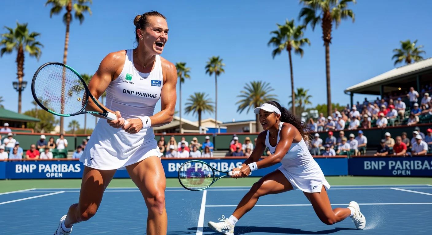 Aryna Sabalenka strikes a powerful forehand past Naomi Osaka during their intense Indian Wells quarterfinal-qualifying match.