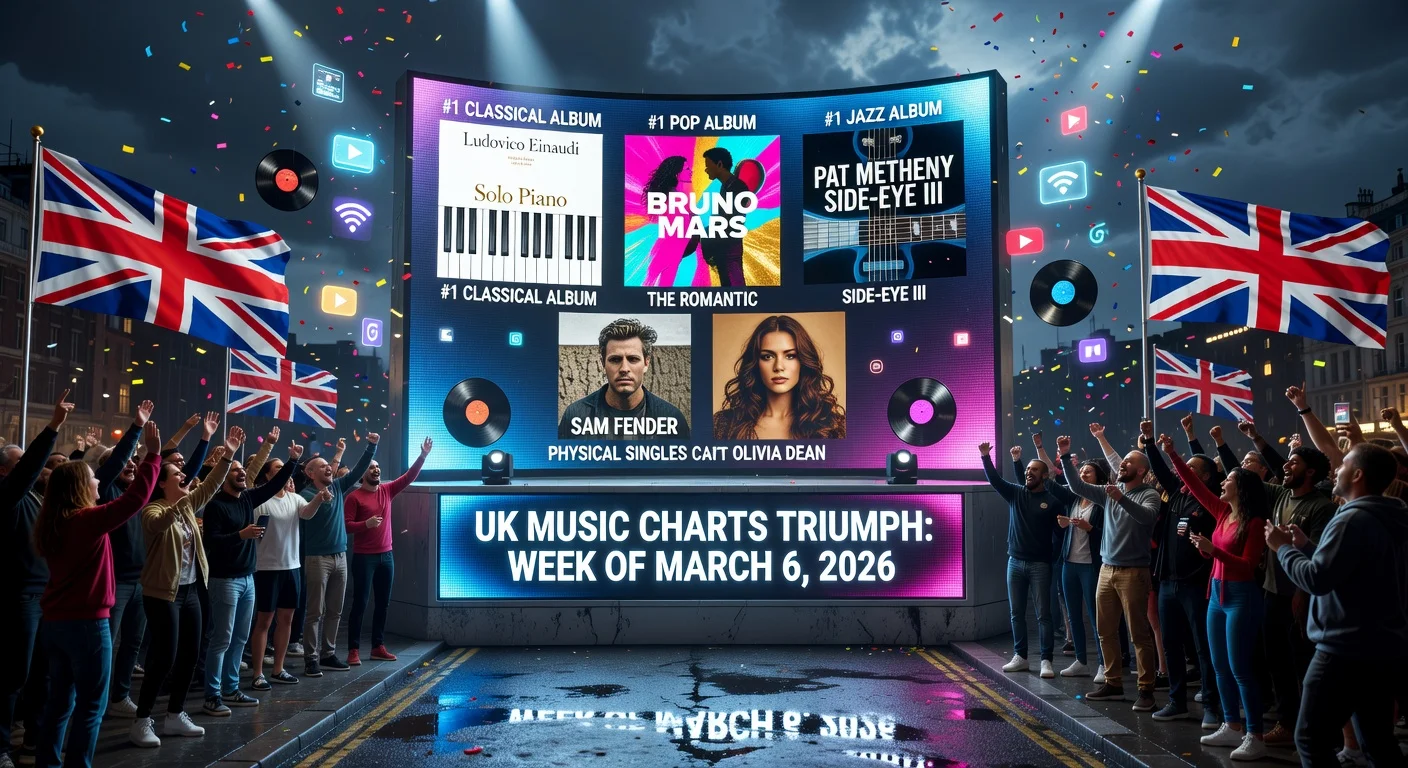 Illustration of new #1 albums topping UK charts: Einaudi, Mars, Metheny, Fender, and Dean.