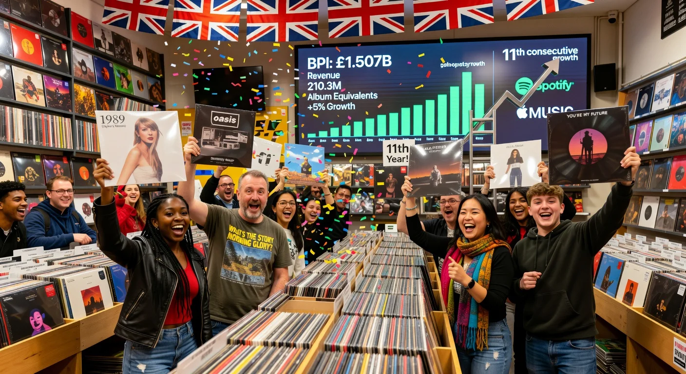 Illustration depicting UK recorded music industry's milestone £1.5 billion revenue in 2025, with vinyl records, fans, and growth charts in a lively London store.