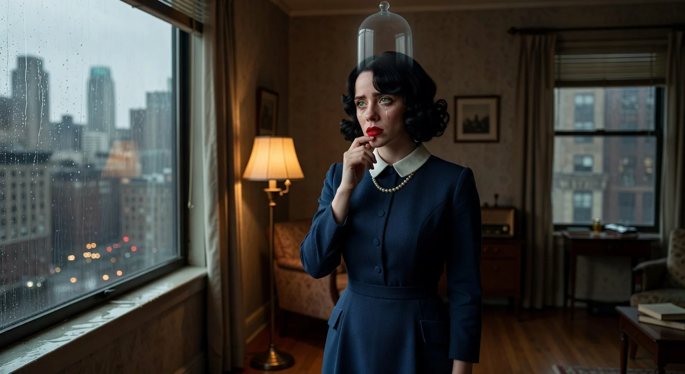 Illustration of Billie Eilish portraying Esther Greenwood in a 1950s setting under a symbolic bell jar for 'The Bell Jar' film adaptation news.