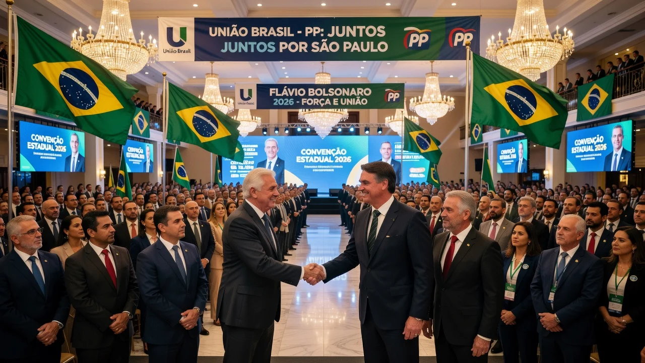 Photorealistic scene of a São Paulo political convention where União Brasil and PP formalize support for presidential candidate Flávio Bolsonaro.