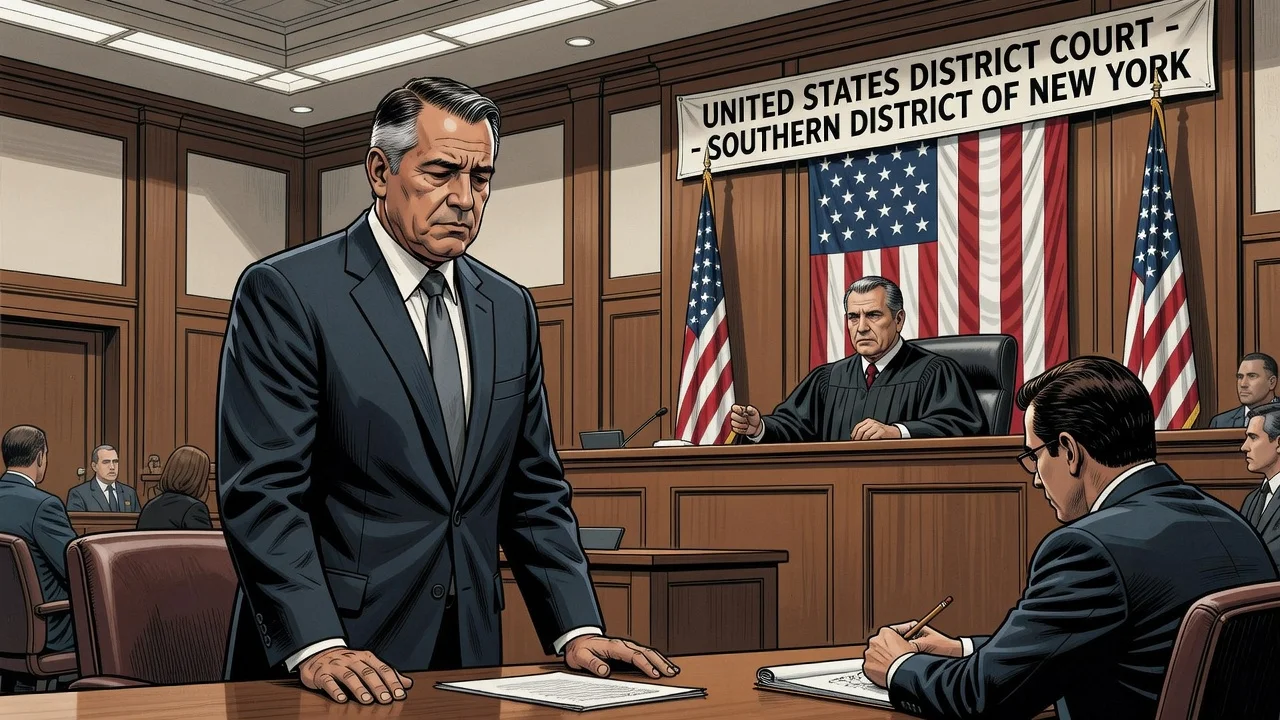 Illustration of El Mayo Zambada in a New York courtroom receiving a life sentence.
