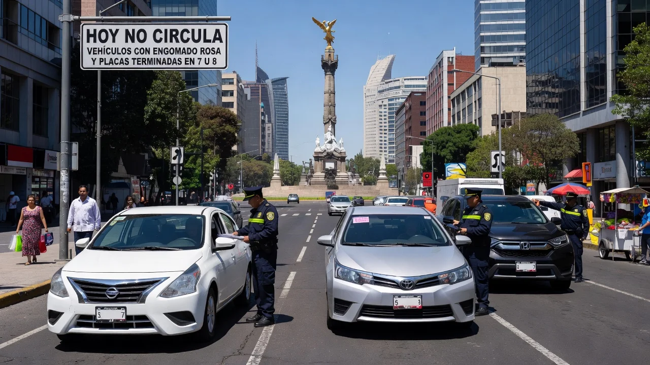 Traffic scene in Mexico City during Hoy No Circula restrictions showing affected vehicles with pink stickers.