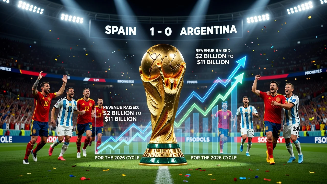 Illustration of FIFA World Cup revenue projection increase featuring the trophy and a soccer match between Spain and Argentina.