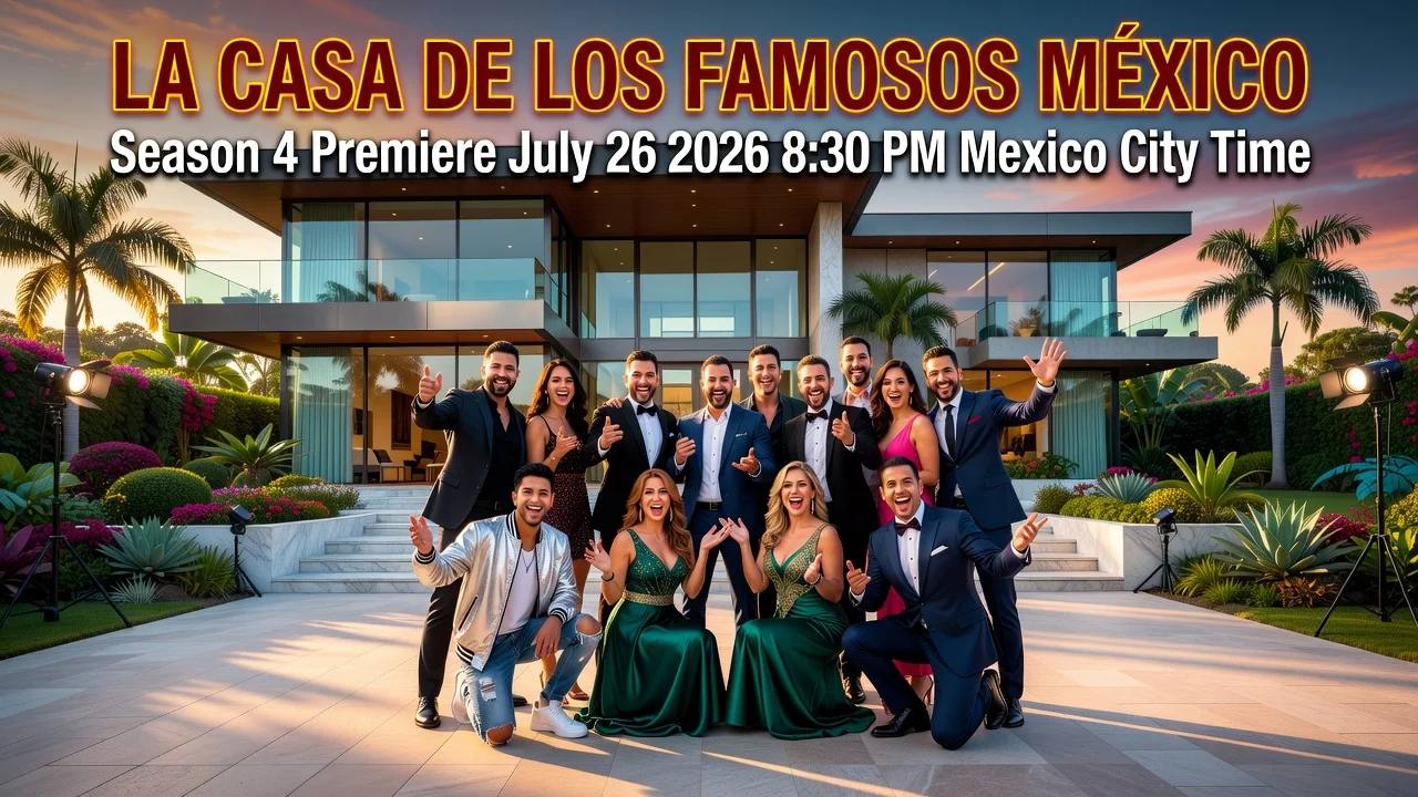 Photorealistic illustration of celebrities announcing La Casa de los Famosos México season 4 premiere date.