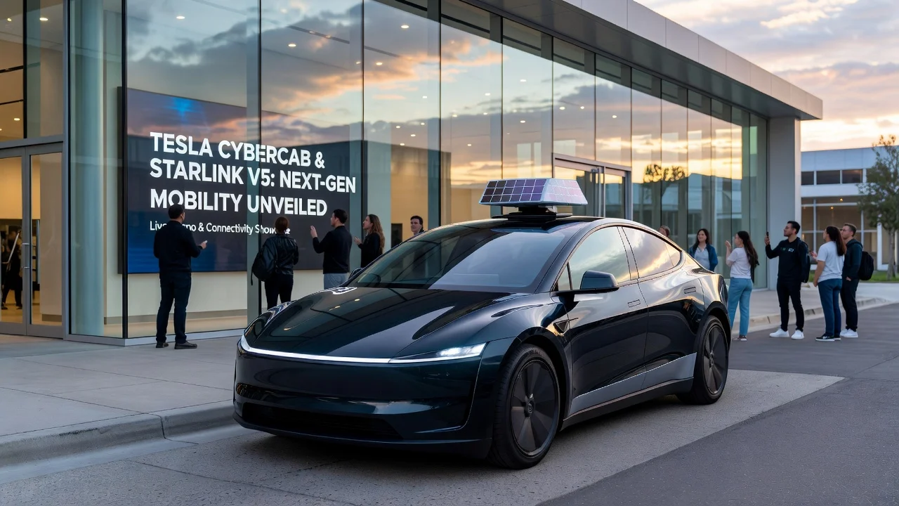 A Tesla Cybercab with Starlink V5 antenna at the Santana Row showroom in San Jose, illustrating the integration announcement.
