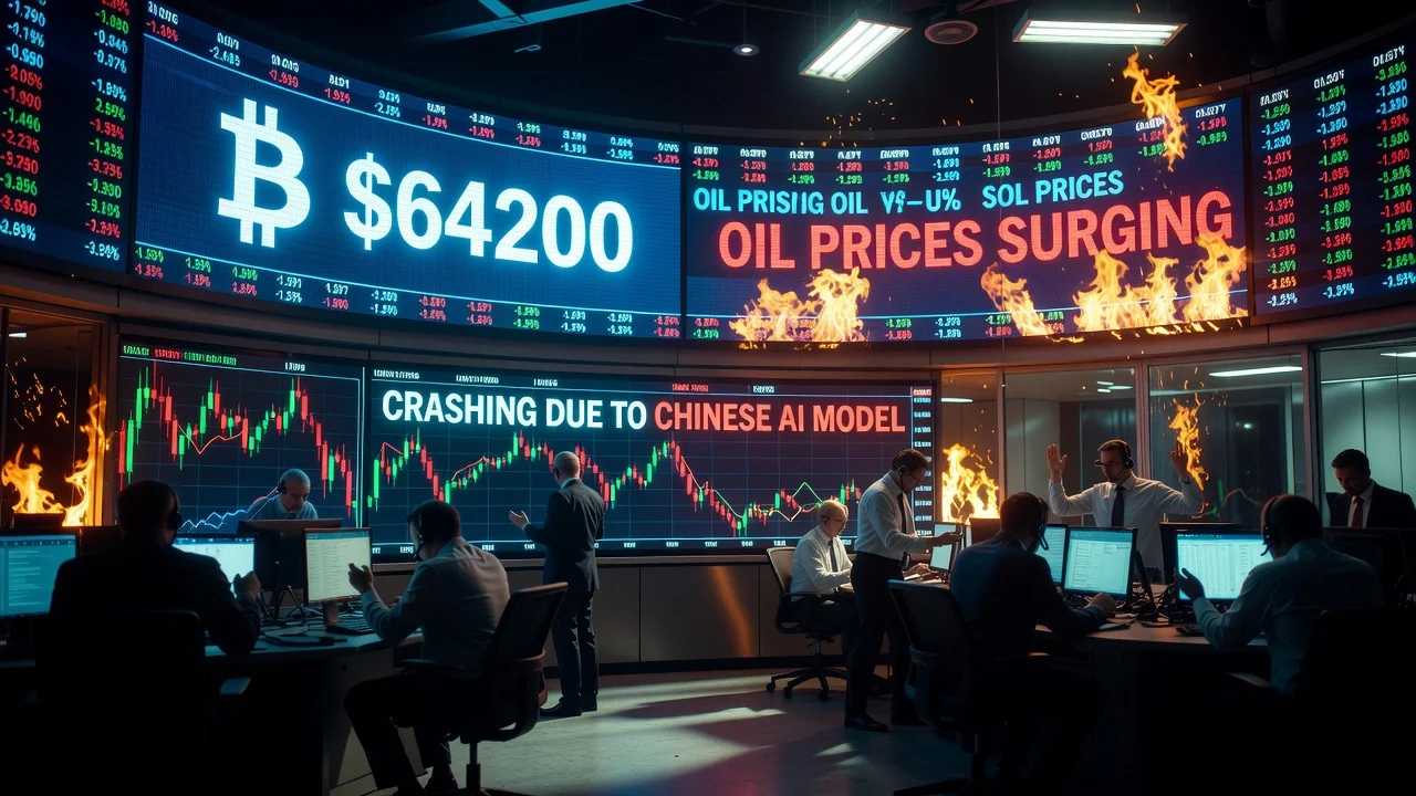Illustration of Bitcoin holding near $64,000 amid oil surge and tech selloff