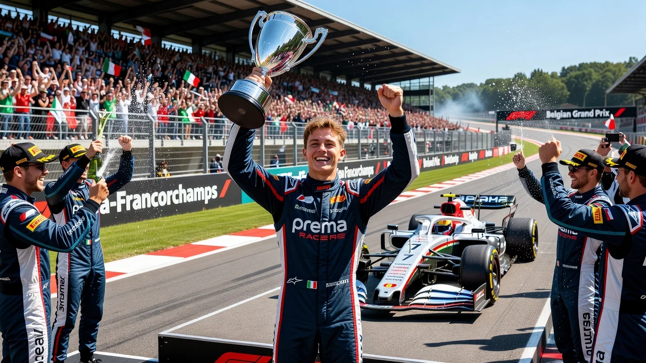 Kimi Antonelli celebrating victory on the Spa-Francorchamps podium