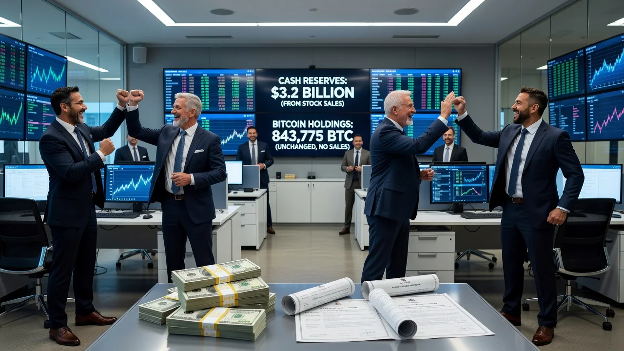 Corporate executives in a trading room with displays showing raised cash reserves and unchanged Bitcoin holdings for a news article on Strategy's financial strategy.