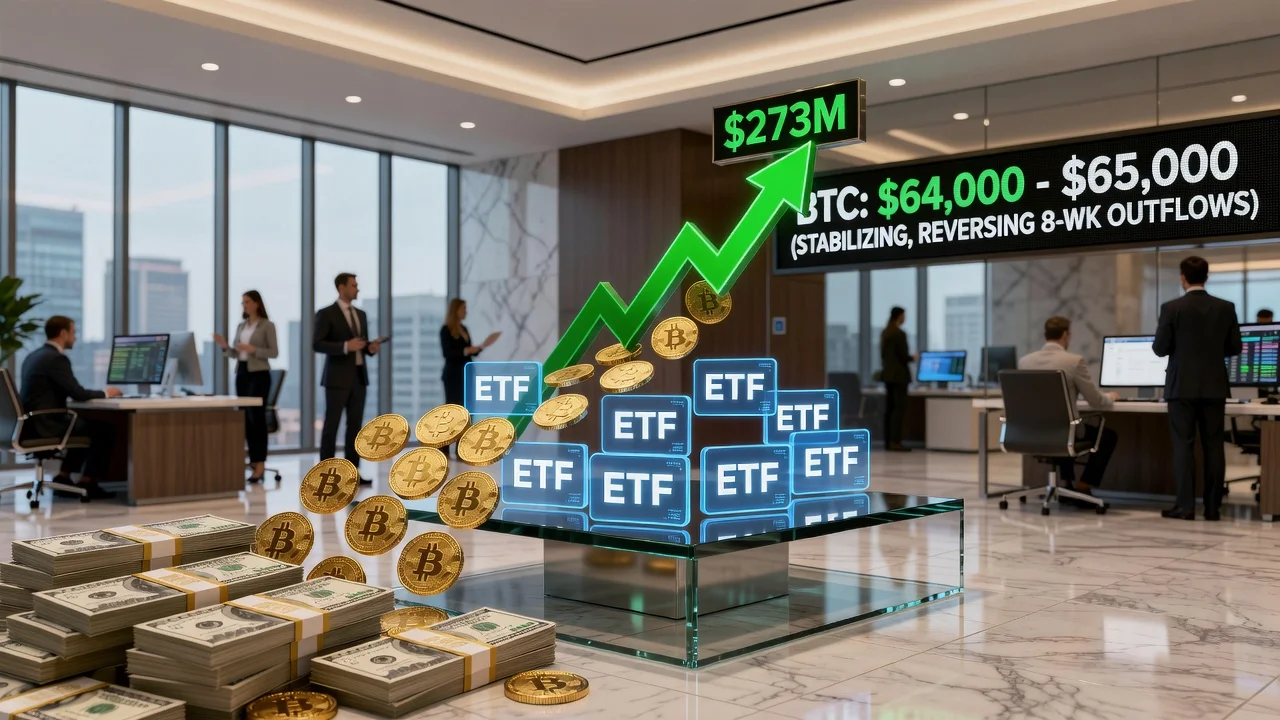 Bitcoin ETF inflows illustration showing $273 million in positive flows and stable Bitcoin price at $65,000